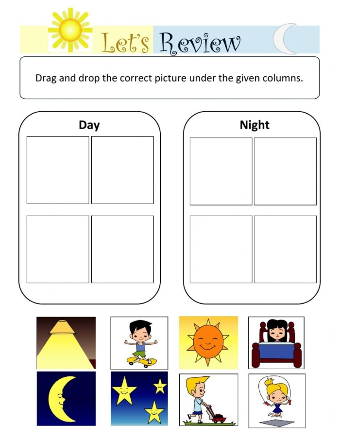Second Grade student practicing day and night time on a worksheet with clocks