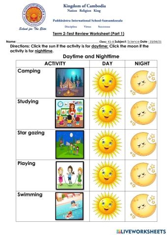 Second Grade student practicing telling night or day time on a worksheet with clocks