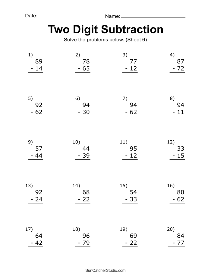 Second-grade math worksheet for practicing two-digit addition and subtraction
