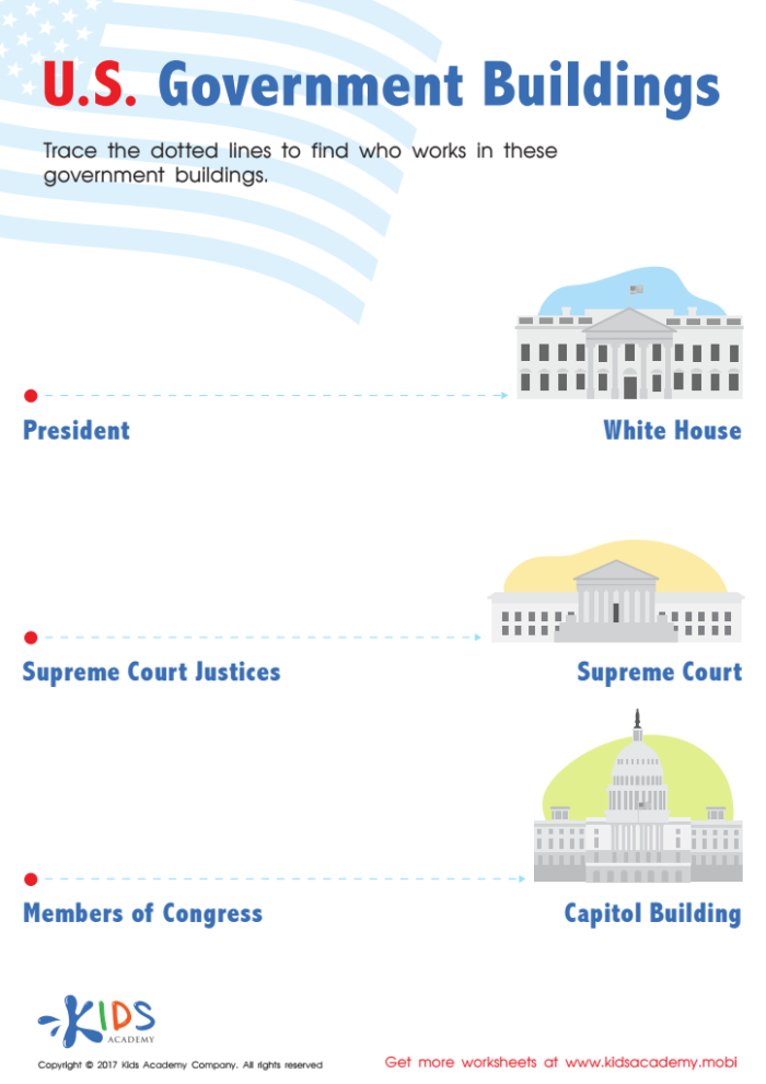 Second Grade worksheet featuring matching U.S. government buildings for young learners
