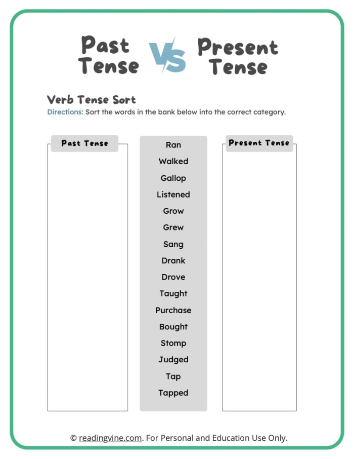 Interactive practice sheet for understanding present and past tense verbs in second grade Second Grade worksheet focusing on present and past tense verbs with engaging exercises