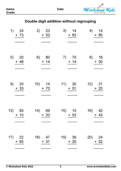 Double Digits! Vertical addition worksheet for second graders with carrying problems 17 Second grade math worksheet featuring vertical addition of double digits with regrouping practice