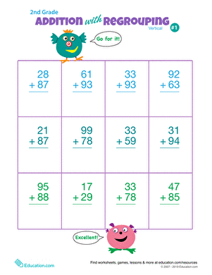Double Digits! Practice Vertical Addition with Regrouping worksheet page 21 for math fluency Second grade worksheet showing vertical addition problems with regrouping for two-digit numbers