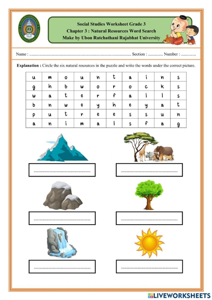 Natural Resources Word Search Activity for Second Grade Addition Lesson 17 Second Grade Natural Resources Word Search worksheet for vocabulary practice