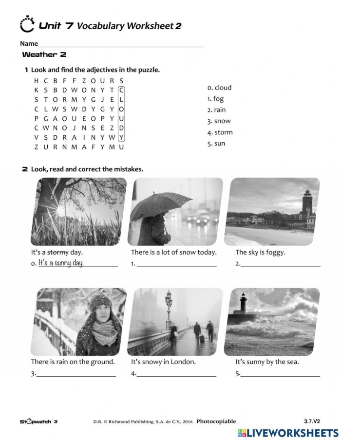 Colorful worksheet featuring adjectives to describe weather for second graders