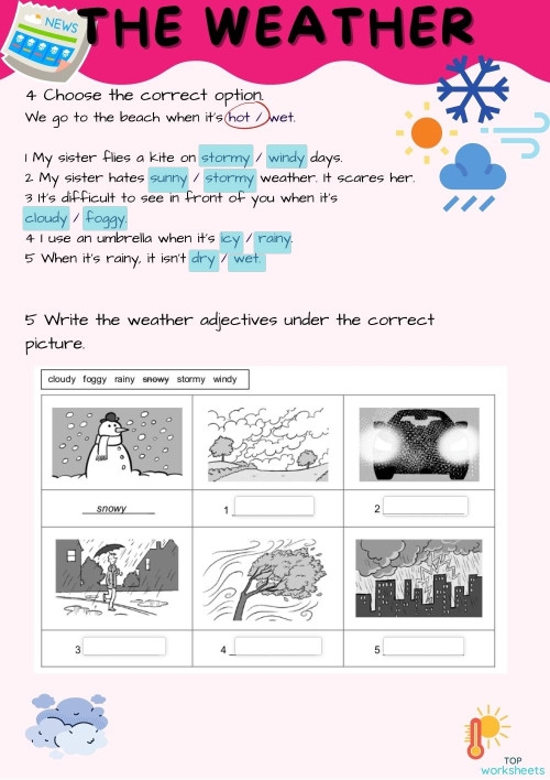 Worksheet for second graders to learn adjectives related to weather and enhance their writing skills. Adjectives to Describe Weather activity for developing grammar and mechanics.