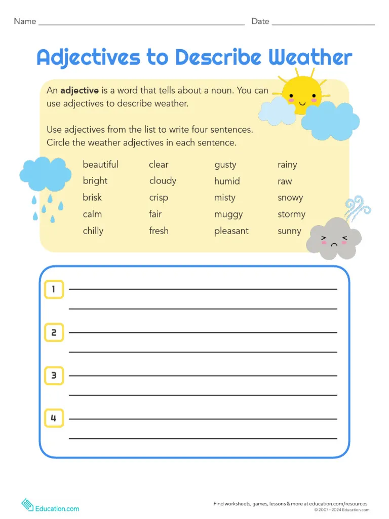 Colorful worksheet for second graders focusing on adjectives to describe various weather conditions