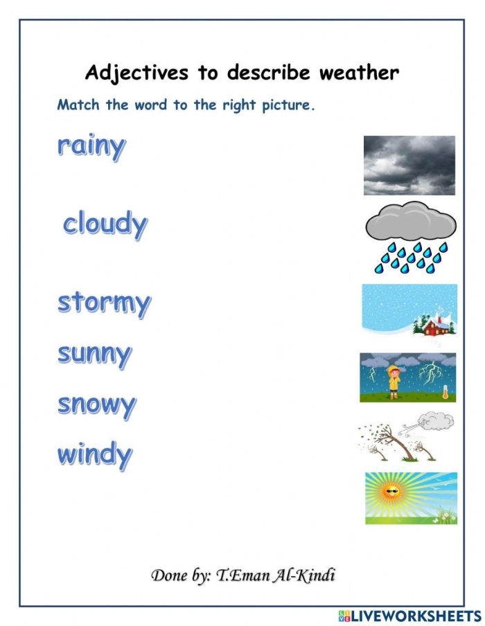 Adjectives to Describe Weather worksheet for second graders focusing on grammar practice