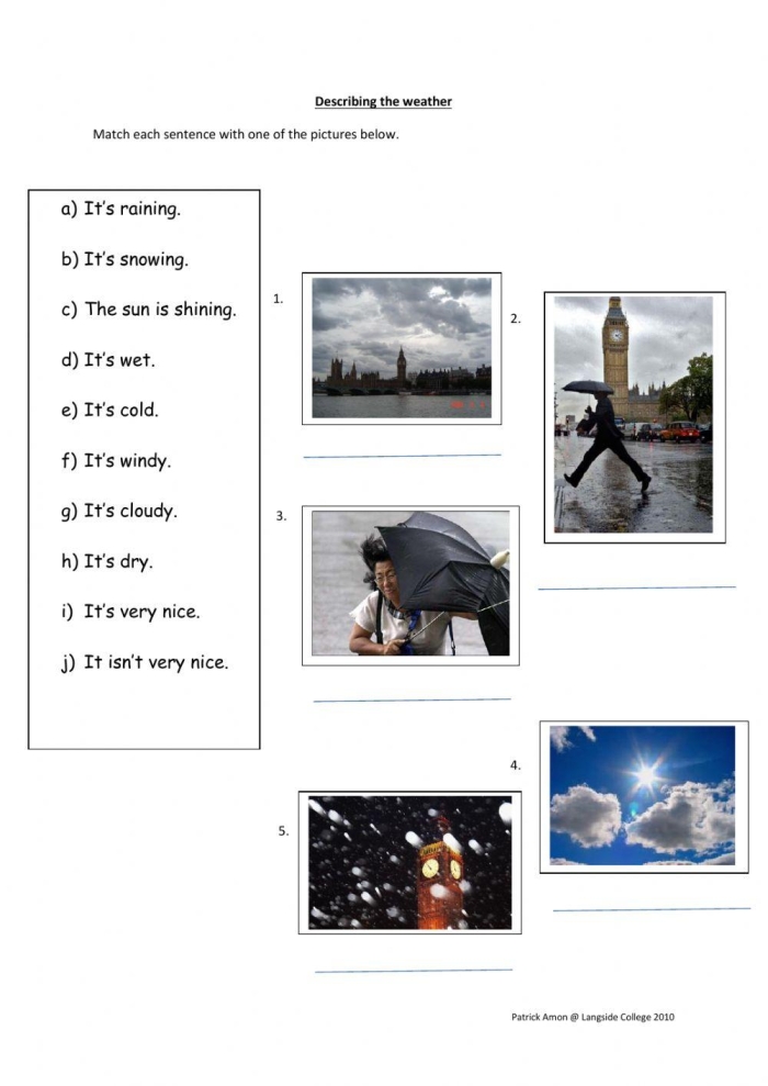 Worksheet featuring adjectives for describing weather for second graders