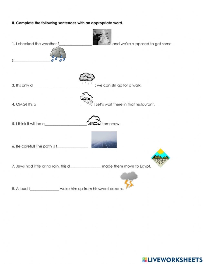 Adjectives to Describe Weather worksheet for second graders focused on grammar practice