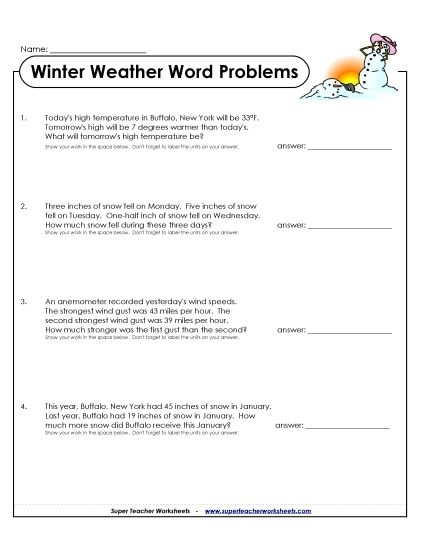 Engaging Fractions Weather Subtraction Word Problems Activity for Grade 2 students Second grade weather-themed subtraction word problems worksheet with fraction exercises