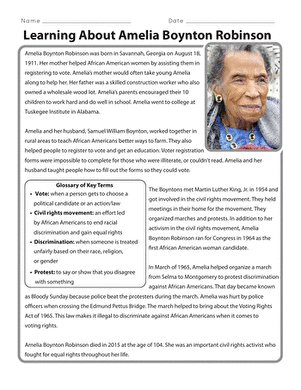Rhyming worksheet for Second Grade Children engaging with a worksheet about Amelia Boynton Robinson's contributions to civil rights. Educational activity focused on the life of a young activist for second graders.