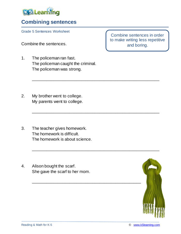 Sentence combining practice for third graders helping Sarah with her writing Worksheet for practicing sentence combining to improve writing skills