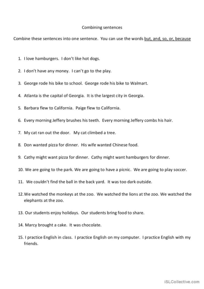Engaging sentence combining practice for young learners to enhance their writing clarity Worksheet featuring a sentence combining exercise for third graders to improve writing skills