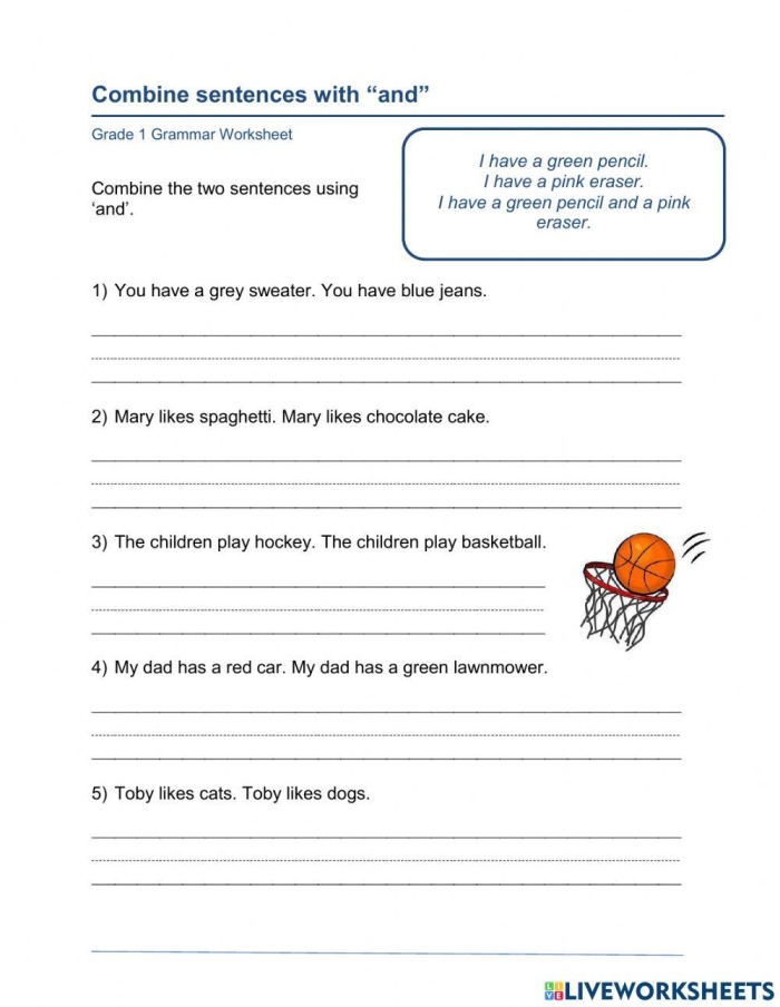 Sentence Combining Practice Worksheet for Third Grade Readers Worksheet for sentence combining practice aimed at third graders to enhance writing skills. Exercise image helping children assist Sarah in improving her repetitive sentences.