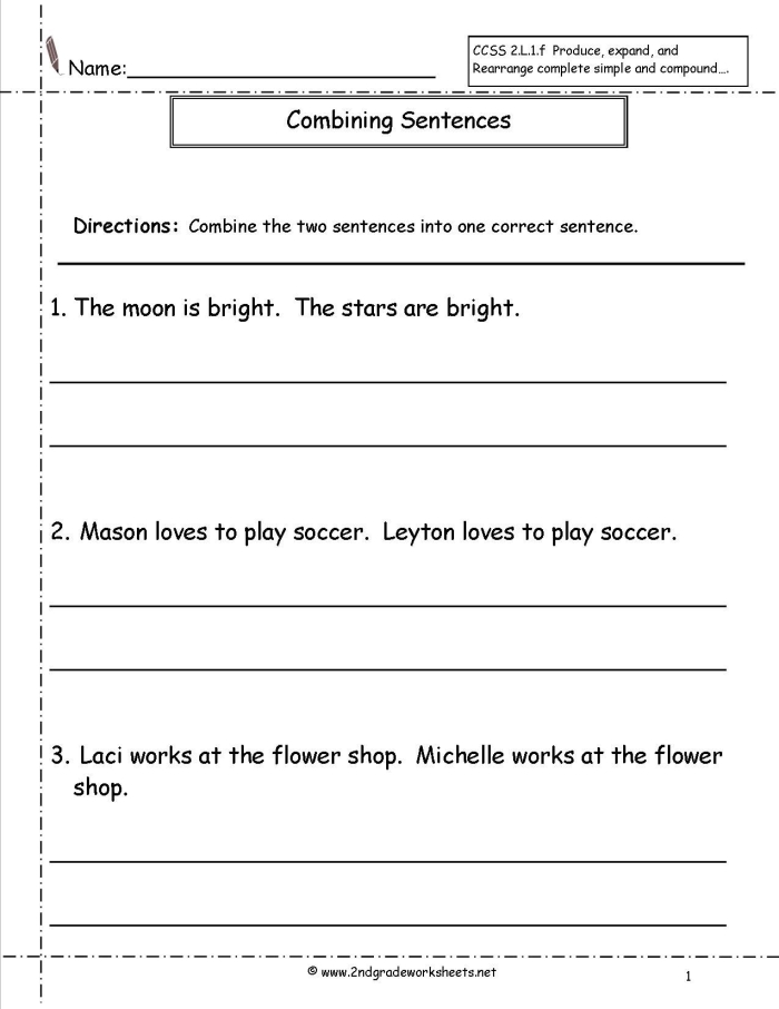 Sentence combining exercise helping children improve their writing by reducing repetition Worksheet for sentence combining practice to enhance writing skills for third graders