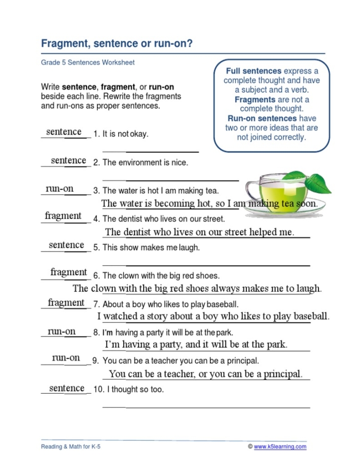Third grade worksheet focused on fixing incomplete and run-on sentences