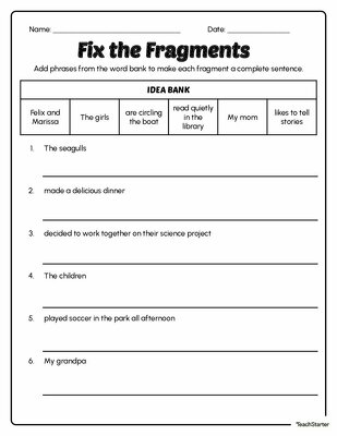 Fix the Fragments worksheet for third graders practicing subtraction sentences Third grade subtraction worksheet focusing on fixing sentence fragments