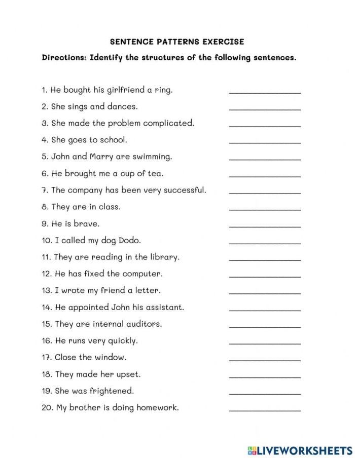 Engaging reading activity for identifying sentence structures worksheet 17 Fourth grade students working on a Find the Sentence Patterns worksheet with a fun messy story