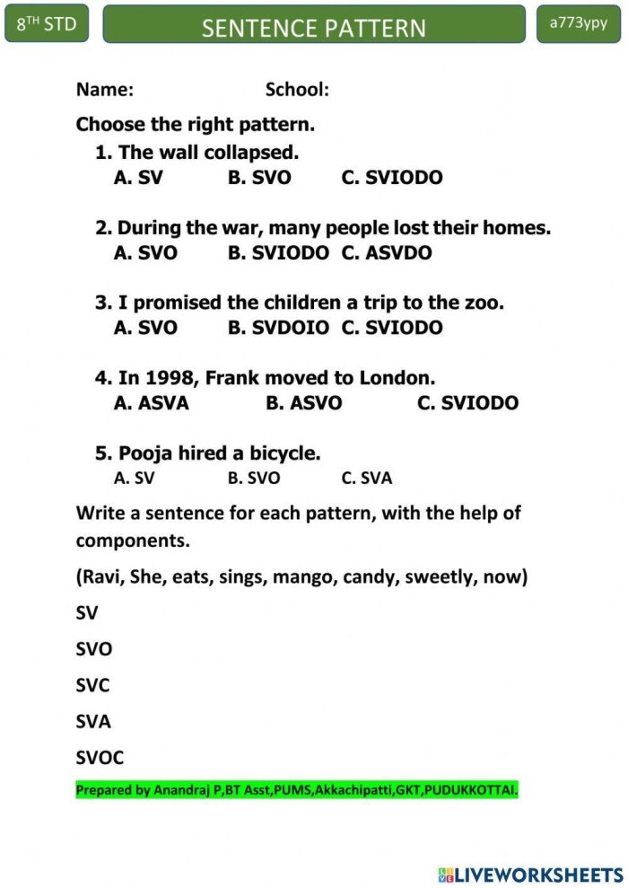 Find the Sentence Patterns worksheet for reading practice in grade 4, image 23 Fourth grade students working on a Find the Sentence Patterns worksheet with a fun messy story