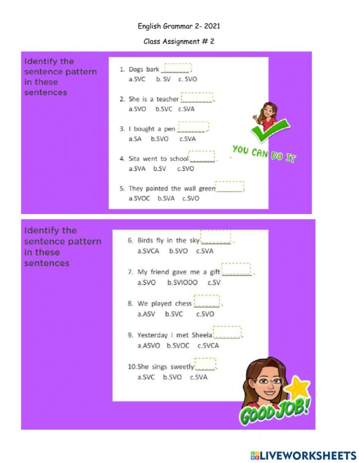 Worksheet for identifying various sentence structures in a fun reading activity for grade four Fourth grade students working on a Find the Sentence Patterns reading worksheet with a messy story