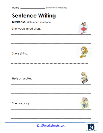 First grade worksheet for sentence writing about music, encouraging creative responses. Sentence Writing: Music Worksheet for First Graders.