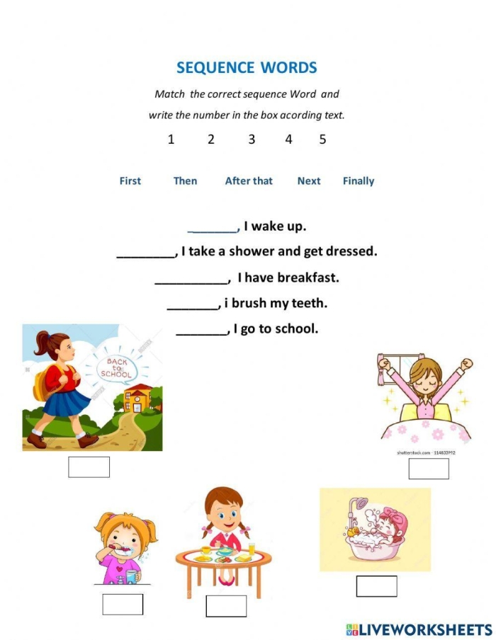 Worksheet for practicing sequence word usage in summaries for fourth grade reading skills, image 5 Fourth grade students using a Summarizing with Sequence Words worksheet to identify and use sequence words in a fairy tale summary
