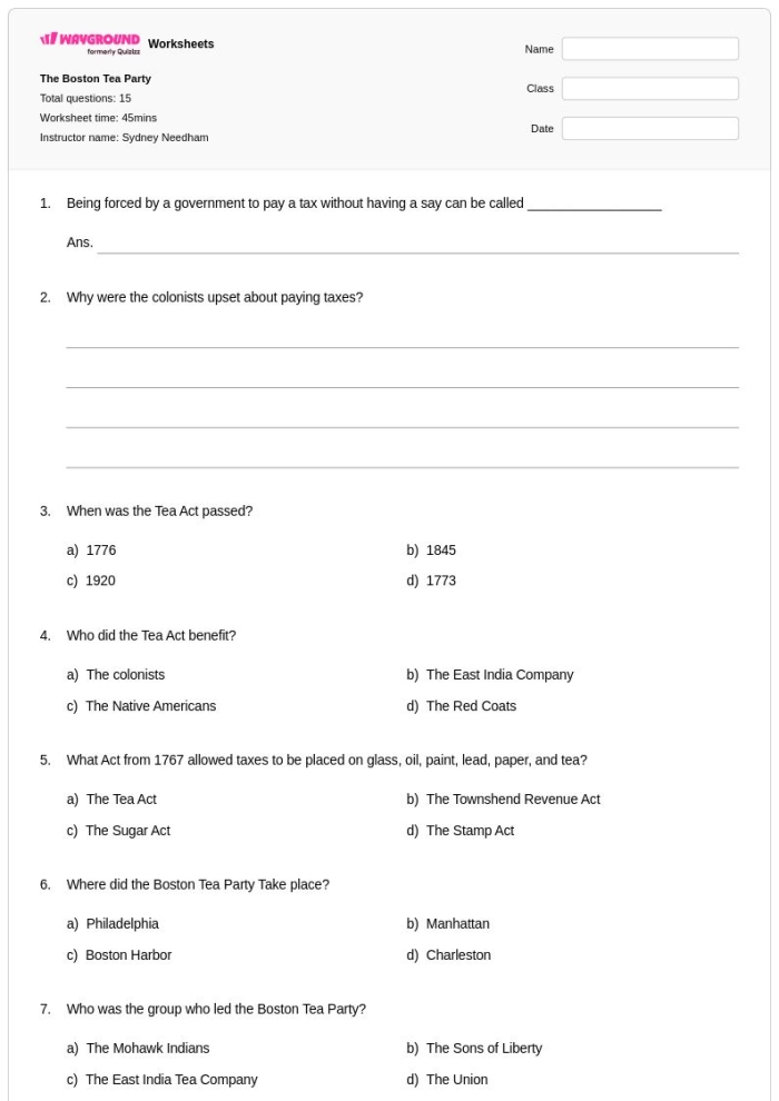 Third grade phonics worksheet on the Boston Tea Party focusing on sequencing events