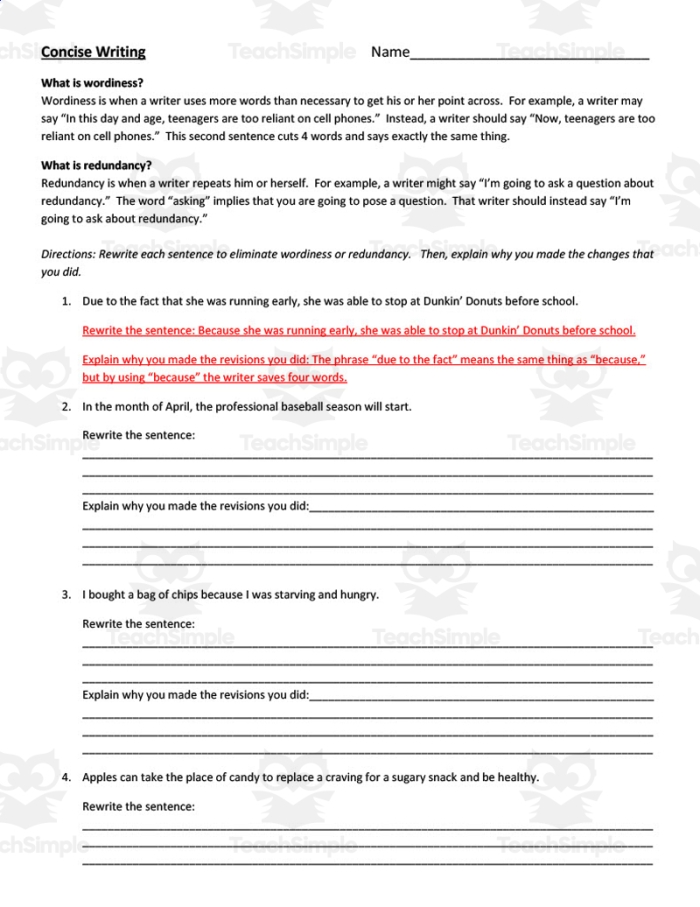 Worksheet 16 on precise and concise expression skills for seventh grade students Seventh grade worksheet for expressing ideas clearly and briefly by editing sentences