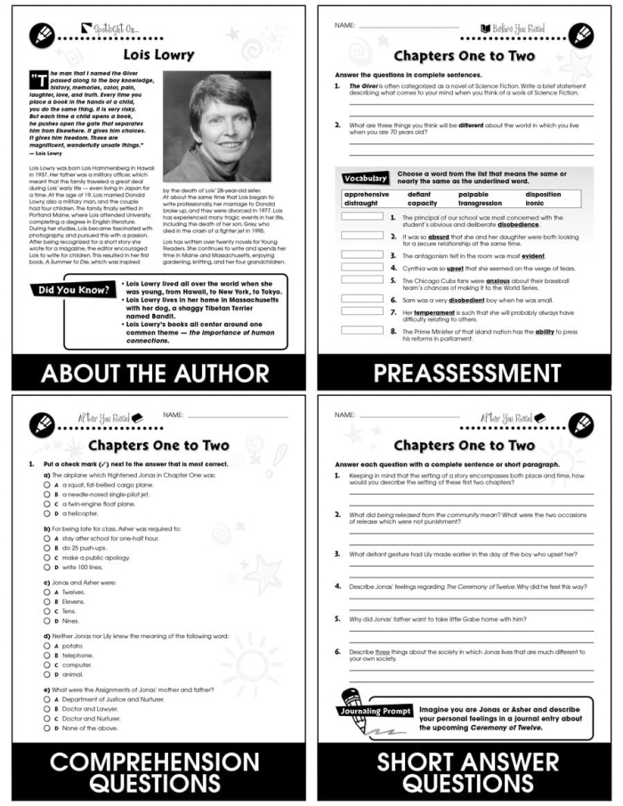 Pre-reading discussion guide worksheet for The Giver by Lois Lowry aimed at seventh graders