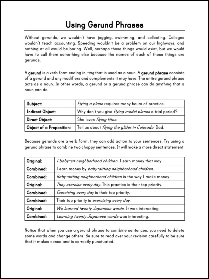Seventh-grade students working on a gerunds and gerund phrases worksheet