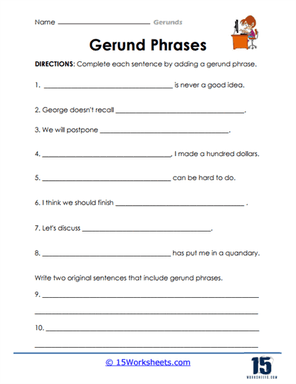 Worksheet for identifying gerunds and gerund phrases designed for seventh graders