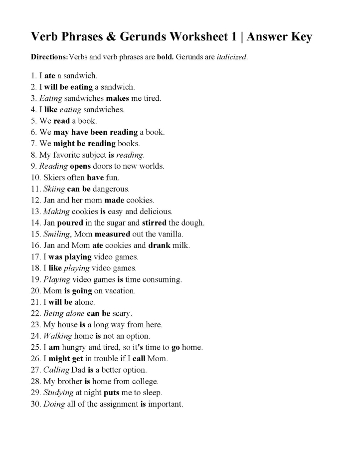 Worksheet for identifying gerunds and gerund phrases for seventh graders