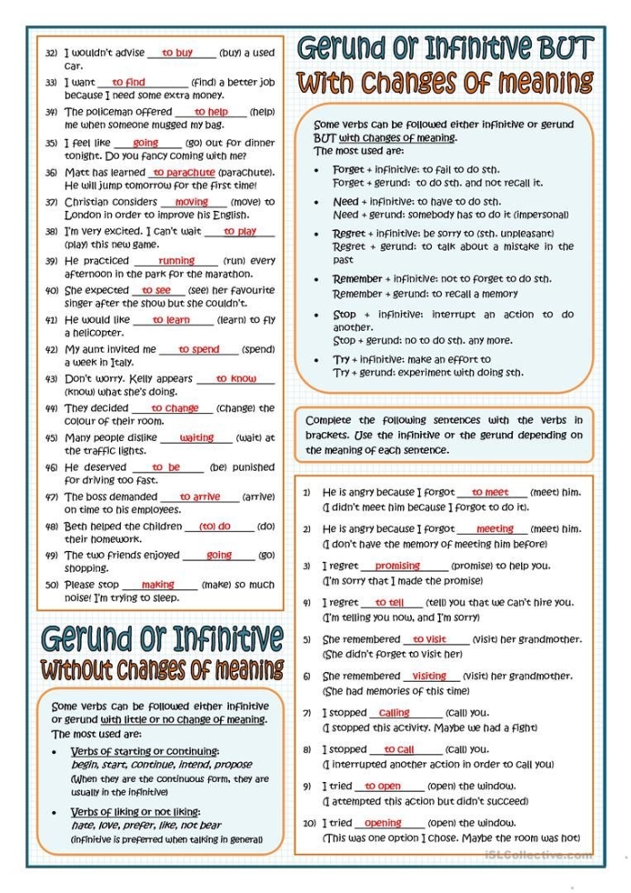 Worksheet for identifying gerunds and gerund phrases aimed at seventh-grade students