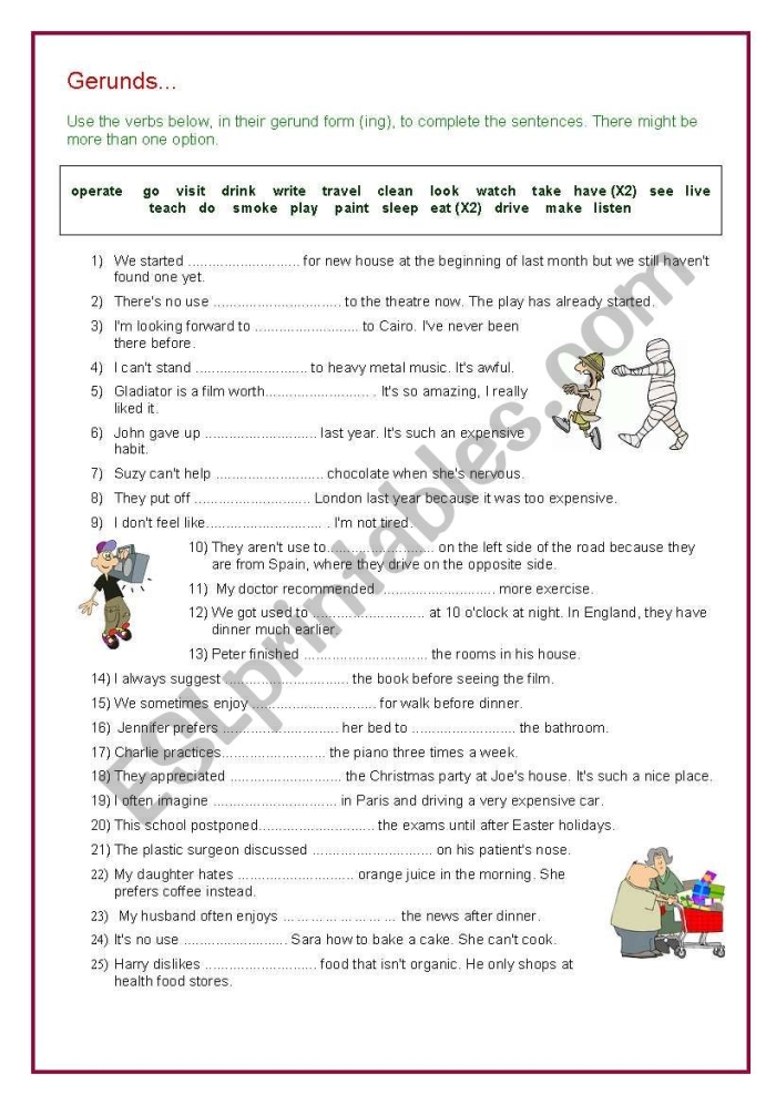 Worksheet for identifying gerunds and gerund phrases for seventh graders