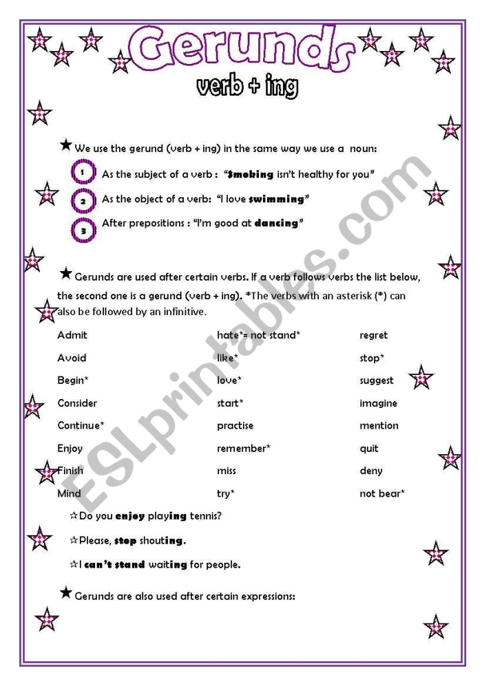 Worksheet for practicing gerunds and gerund phrases for seventh graders