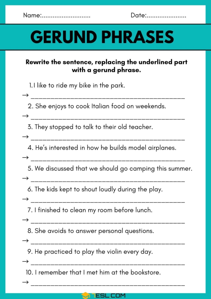 Worksheet for practicing gerunds and gerund phrases suitable for seventh graders