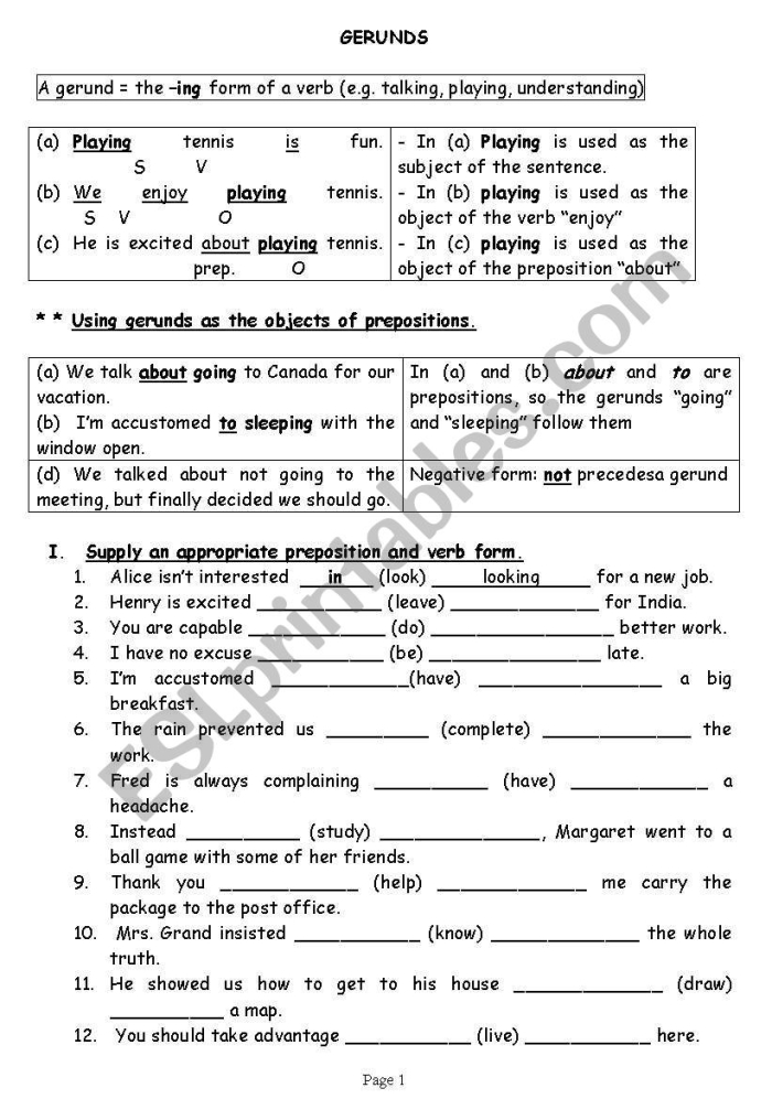 Gerunds and gerund phrases worksheet for seventh-grade grammar practice