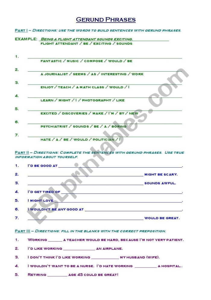 Worksheet featuring gerunds and gerund phrases for seventh-grade students