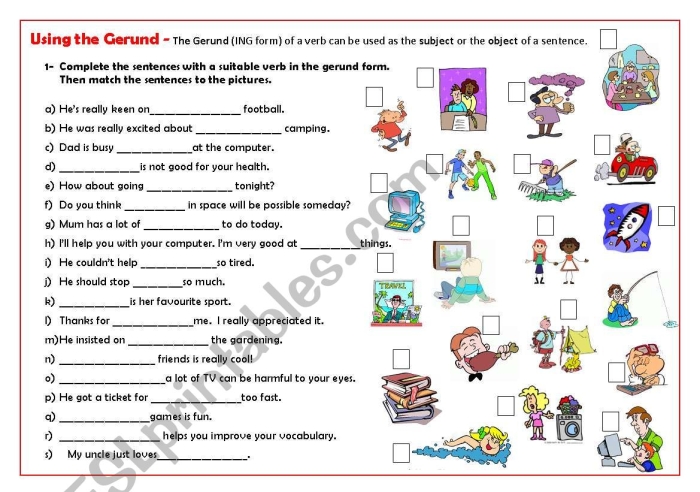 Worksheet for identifying gerunds and gerund phrases for seventh and eighth graders