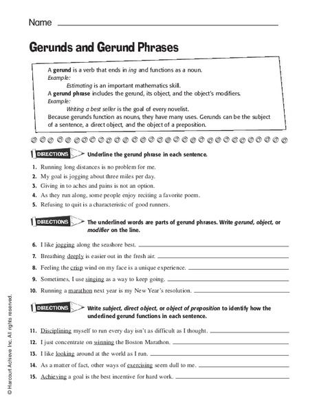 Worksheet featuring gerunds and gerund phrases for seventh-grade students
