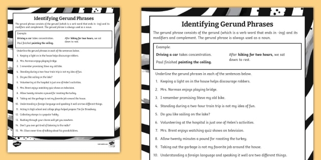 Worksheet for identifying gerunds and gerund phrases for seventh graders