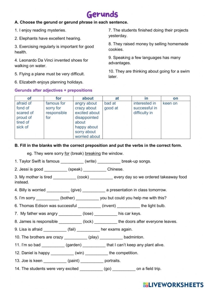 A worksheet for seventh graders on identifying gerunds and gerund phrases