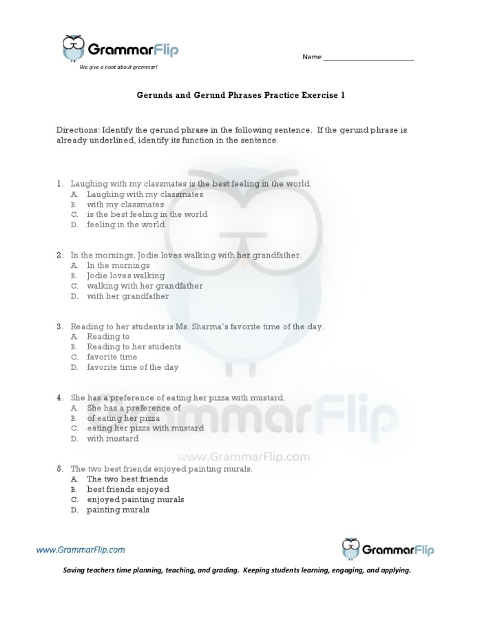 Worksheet for identifying gerunds and gerund phrases for seventh graders