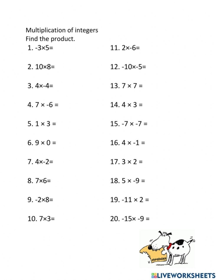 Integer multiplication and division practice for Grade 7 students Worksheet on integer multiplication and division rules for seventh graders