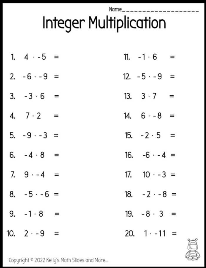 Seventh grade student completing an integer operations worksheet focused on always, sometimes, never statements