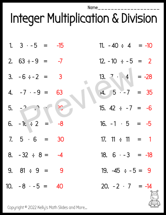 Worksheet image demonstrating integer multiplication and division concepts for seventh grade math students Integer Multiplication and Division Rules worksheet for seventh graders focusing on operations with integers