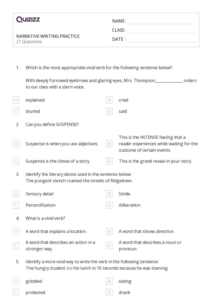 Narrative Writing Rubric for 7th grade worksheet showing assessment criteria for students