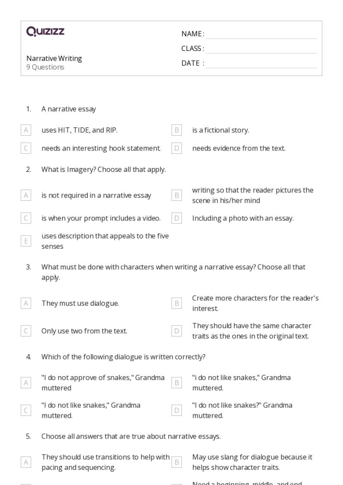 Narrative writing rubric worksheet designed for seventh grade reading assessment
