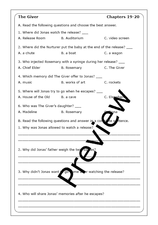 Pre-reading discussion guide worksheet for The Giver by Lois Lowry designed for seventh-grade students